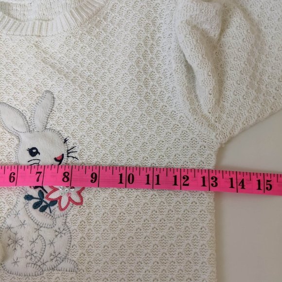 Girls Knit White and Blue Dress with Embroidered bunny and pompom - Picture 13 of 14